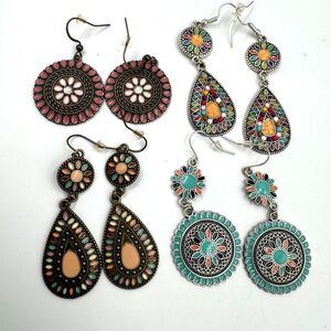 Lot Of 4 Boho Drop Earrings Pierced Colorful Teardrop Stones Tribal‎